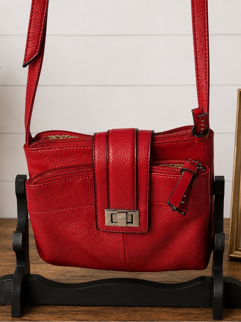Tignanello Red Leather Multi-Compartment Crossbody Shoulder Bag